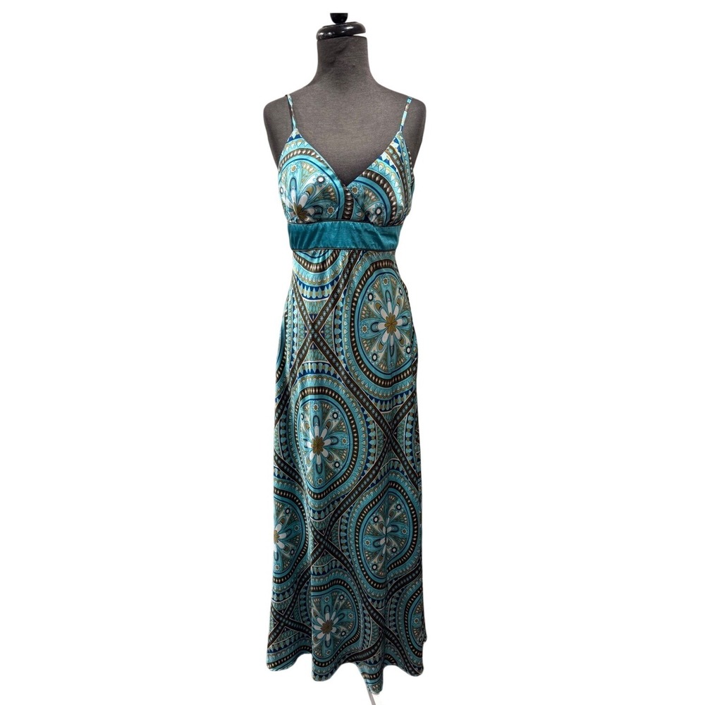 Studio Y2k teal Brown Medallion Print Satin Maxi Dress Empire Waist‎ Boho 5/6